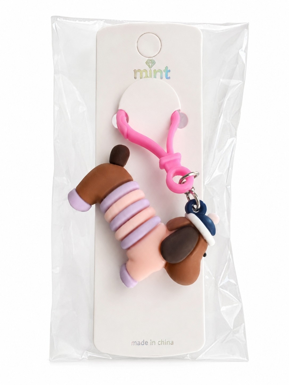 Mint Pink & Brown Dog Charm Keychain for Kids